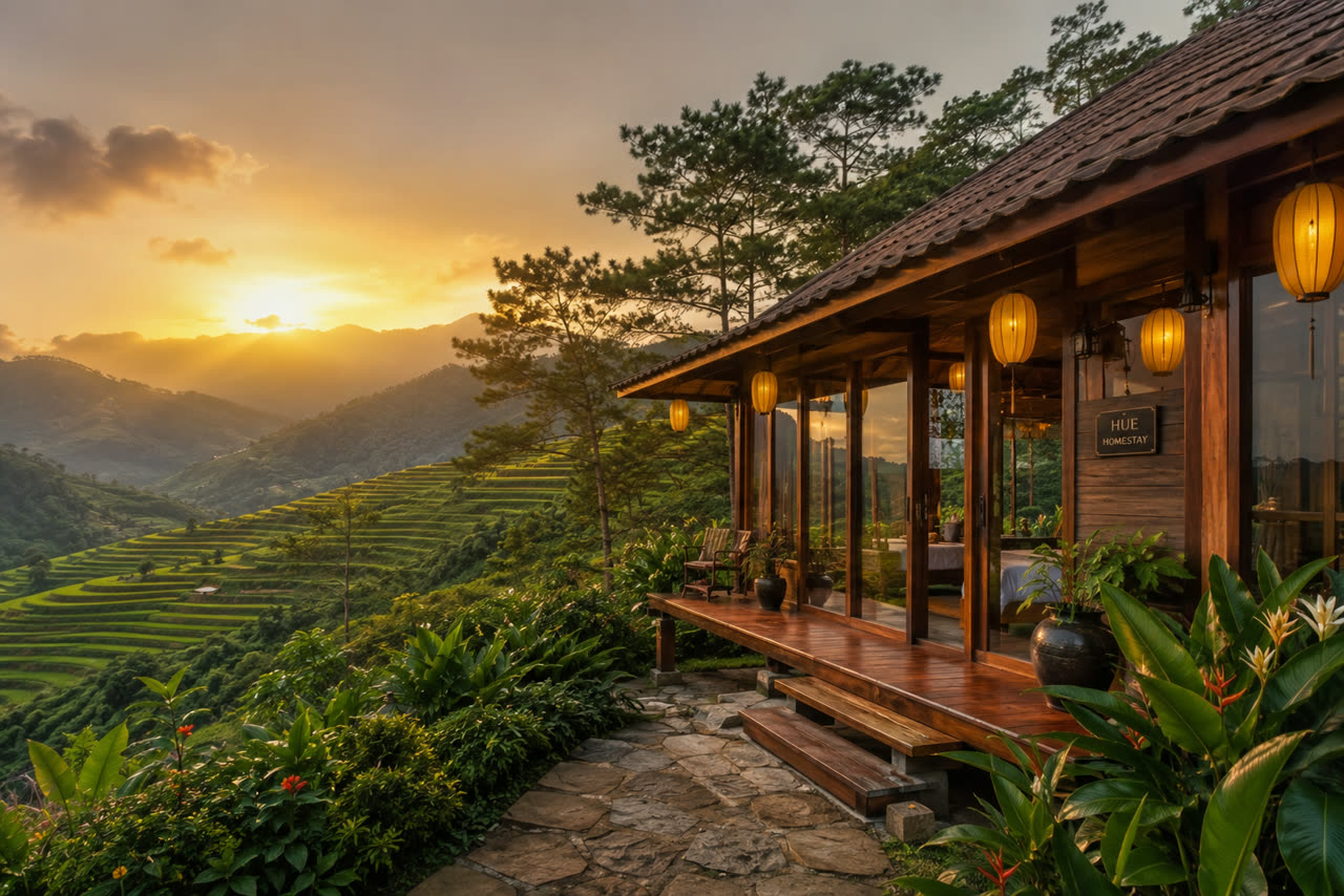 Bungalow gỗ nhìn ra ruộng lúc hoàng hôn