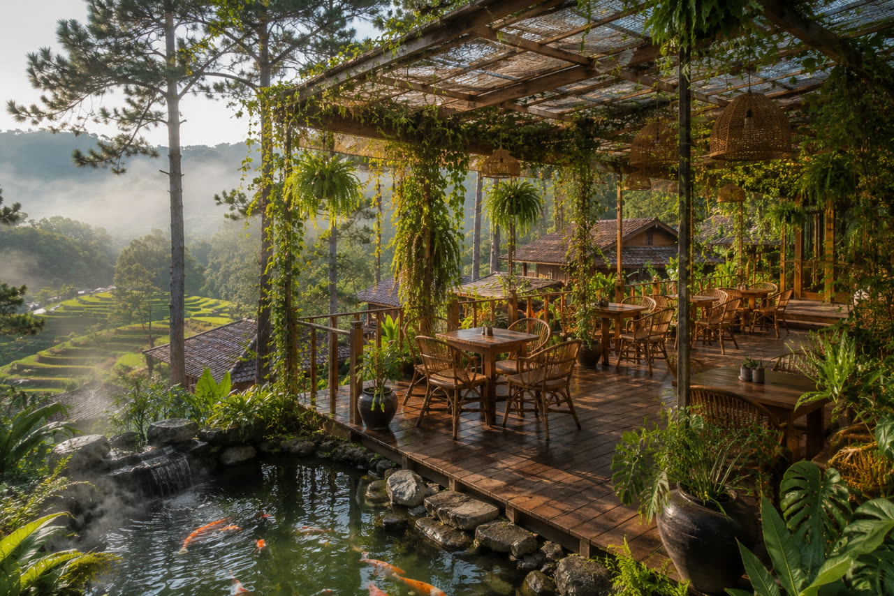 Café sân vườn hồ cá koi view ruộng